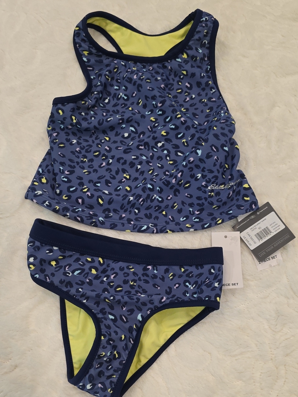 Eddie Bauer Navy Leopard Print Tankini with Lime Accents